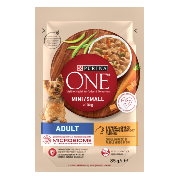 PURINA ONE MINI Adult, pui, morcovi si fasole verde, in sos, 85 g