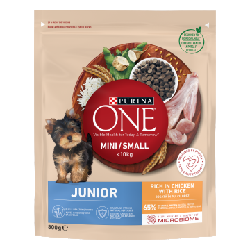 PURINA ONE MINI Dog Junior, Pui si Orez, hrana uscata pentru caini, 800 g