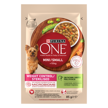 PURINA ONE MINI Weight Control/ Sterilised, curcan, morcovi si mazare, in sos, 85 g