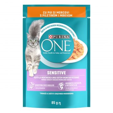 PURINA ONE SENSITIVE, mini fileuri cu Pui si Morcov in sos, 85 g