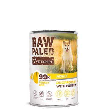 Hrană umedă pentru câini, adult, Raw Paleo Duo Protein, Curcan cu Cod și Dovleac, 400g