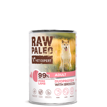 Hrană umedă pentru câini, adult, Raw Paleo Duo Protein, Porc cu Miel și Broccoli , 400g