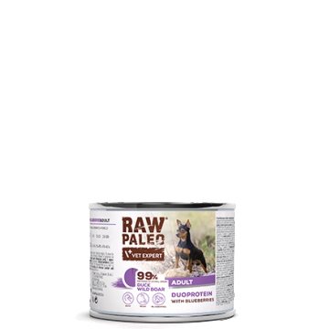 Hrană umedă pentru câini, adult, Raw Paleo Duo Protein, Rață cu Mistreț și Afine, 200g