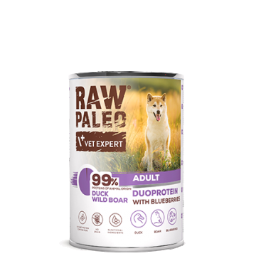 Hrană umedă pentru câini, adult, Raw Paleo Duo Protein, Rață cu Mistreț și Afine, 400g