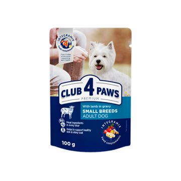 Hrana umeda pentru caini adulti, rase mici, CLUB 4 PAWS Premium, miel in sos, 100g