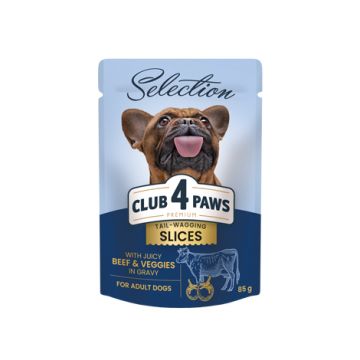 Hrana umeda pentru caini adulti, talie mica, CLUB 4 PAWS Premium Plus, bucati de carne de vita si legume in sos, 85g