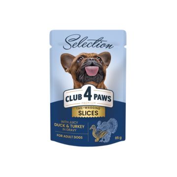 Hrana umeda pentru caini adulti, talie mica, CLUB 4 PAWS Premium Plus, bucati de rata si curcan in sos, 85g