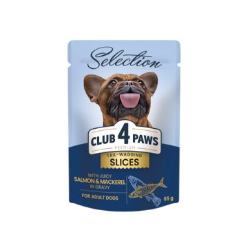 Hrana umeda pentru caini adulti, talie mica, CLUB 4 PAWS Premium Plus, bucati de somon si macrou, 85g