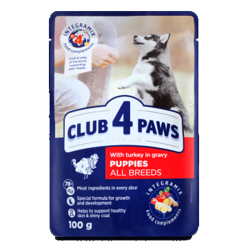 Hrana umeda pentru caini junior, CLUB 4 PAWS Premium, curcan in sos, 100g