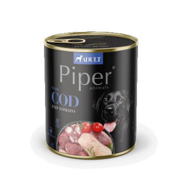 Hrana umeda pentru caini PIPER DOG, cod si tomate, 800g