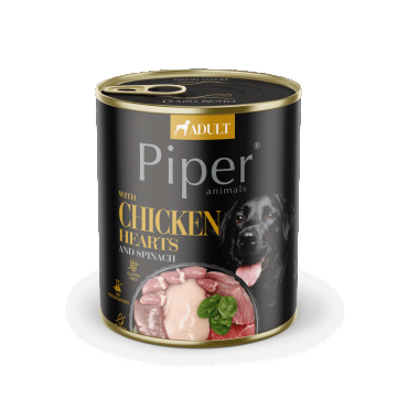 Hrana umeda pentru caini PIPER DOG, inimi de pui si spanac. 800g