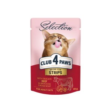 Hrana umeda pentru pisici adulte, CLUB 4 PAWS Premium Adult Cats, stripsuri de vita in supa crema de brocoli, 85g