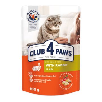 Hrana umeda pentru pisici adulte, CLUB 4 PAWS Premium, iepure in jeleu, 100g