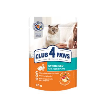 Hrana umeda pentru pisici adulte, CLUB 4 PAWS Premium, iepure in jeleu, 80g