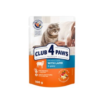 Hrana umeda pentru pisici adulte, CLUB 4 PAWS Premium, miel in sos, 100g