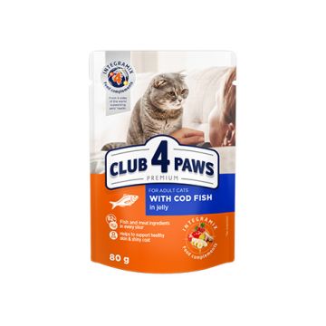 Hrana umeda pentru pisici adulte, CLUB 4 PAWS Premium, peste cod in jeleu, 80g