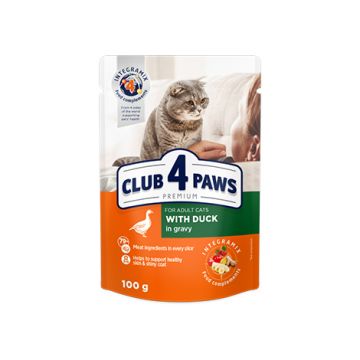 Hrana umeda pentru pisici adulte, CLUB 4 PAWS Premium, rata in sos, 100g