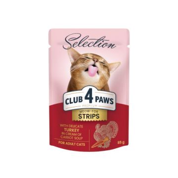 Hrana umeda pentru pisici adulte, CLUB 4 PAWS Premium, stripsuri de curcan in supa crema de morcovi, 85g