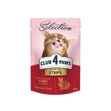 Hrana umeda pentru pisici adulte, CLUB 4 PAWS Premium , stripsuri de iepure in sos, 85g