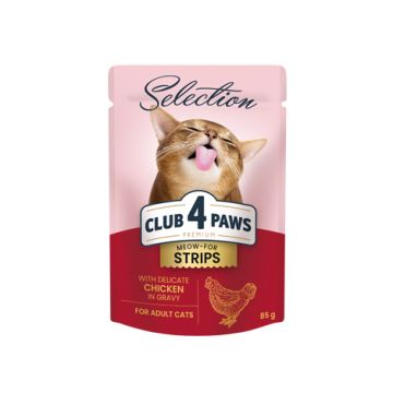 Hrana umeda pentru pisici adulte, CLUB 4 PAWS Premium, stripsuri de pui in sos, 85g