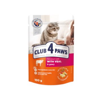 Hrana umeda pentru pisici adulte, CLUB 4 PAWS Premium, vitel in sos, 100g