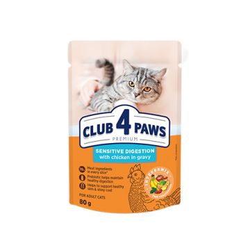 Hrana umeda pentru pisici adulte cu digestie sensibila, CLUB 4 PAWS Premium, pui in sos, 80g