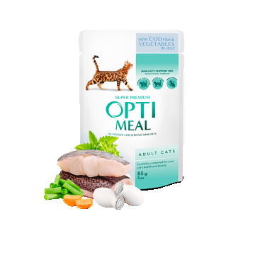 Hrana umeda pentru pisici adulte, Super Premium OPTIMEAL WET FOOD, COD SI LEGUME ÎN JELEU, 85g