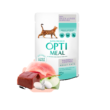 Hrana umeda pentru pisici adulte, Super Premium OPTIMEAL WET FOOD, Hairball control, CU RAȚĂ ȘI BUCĂȚI DE FICAT ÎN JELEU DE MERE, 85g