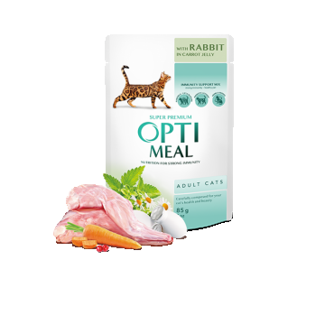 Hrana umeda pentru pisici adulte, Super Premium OPTIMEAL WET FOOD, IEPURE ÎN JELEU DE MORCOVI, 85g