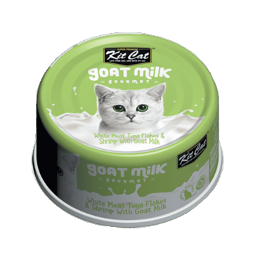 Hrana umeda pentru pisici, Kit Cat Goat Milk Gourmet, Fasii de ton alb & creveti cu lapte de capra, 70g