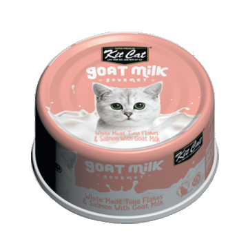 Hrana umeda pentru pisici, Kit Cat Goat Milk Gourmet, Fasii de ton alb & somon cu lapte de capra, 70g