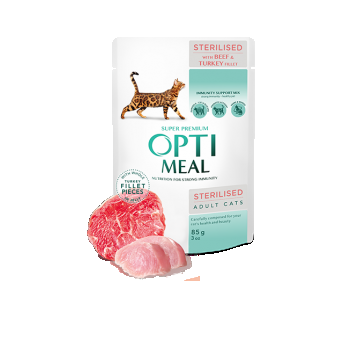 Hrana umeda pentru pisici sterilizate, Super Premium OPTIMEAL WET FOOD, CU VITĂ ȘI FILE DE CURCAN ÎN JELEU, 85g