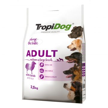 Hrana uscata pentru caini TropiDog, Premium Adult, tale medie si mare, miel & orez, 2.5 kg