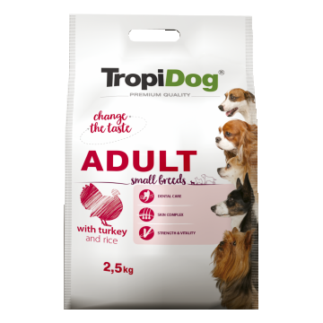 Hrana uscata pentru caini TropiDog, Premium Adult, tale mica, curcan & orez, 12kg