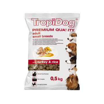 Hrana uscata pentru caini TropiDog, Premium Adult, tale mica, curcan & orez, 500g