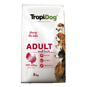 Hrana uscata pentru caini TropiDog, Premium Adult, tale mica, curcan & orez, 8kg