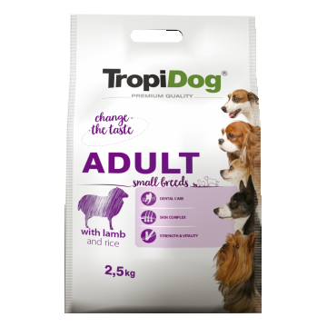 Hrana uscata pentru caini TropiDog, Premium Adult, tale mica, miel & orez, 2.5kg