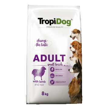 Hrana uscata pentru caini TropiDog, Premium Adult, tale mica, miel & orez, 8kg