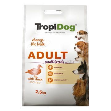 Hrana uscata pentru caini TropiDog, Premium Adult, tale mica, rata & orez, 2.5 kg