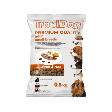 Hrana uscata pentru caini TropiDog, Premium Adult, tale mica, rata & orez, 500g