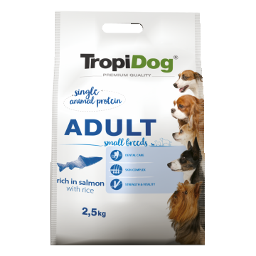 Hrana uscata pentru caini TropiDog, Premium Adult, tale mica, somon & orez, 2.5kg