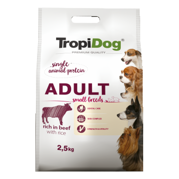 Hrana uscata pentru caini TropiDog, Premium Adult, tale mica, vita & orez, 2.5kg