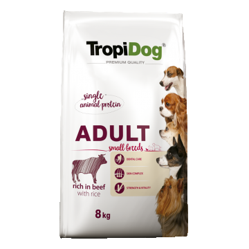 Hrana uscata pentru caini TropiDog, Premium Adult, tale mica, vita & orez, 8kg