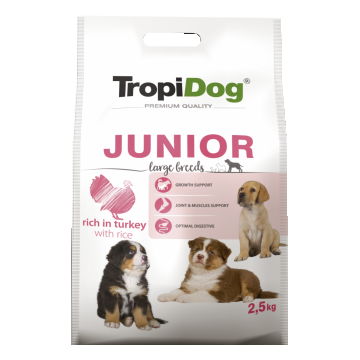 Hrana uscata pentru caini TropiDog, Premium Junior, tale mare, curcan & orez, 2.5kg