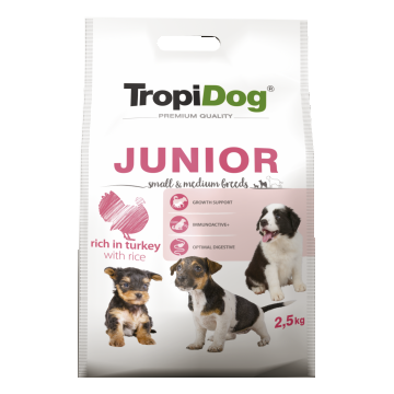 Hrana uscata pentru caini TropiDog, Premium Junior, tale mica sau medie, curcan & orez, 2.5kg