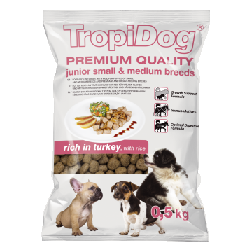 Hrana uscata pentru caini TropiDog, Premium Junior, tale mica sau medie, curcan & orez, 500g