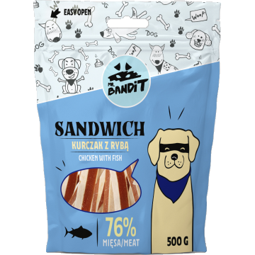 Recompense pentru caini Mr. Bandit SANDWICH, pui cu peste, 500g