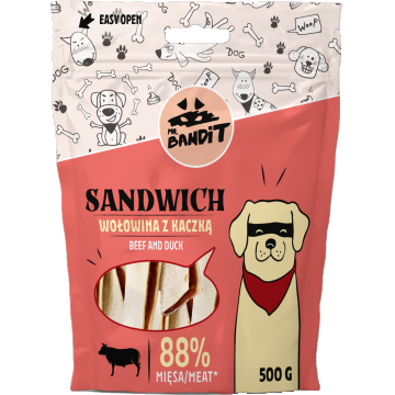 Recompense pentru caini Mr. Bandit SANDWICH, vita cu rata, 500g