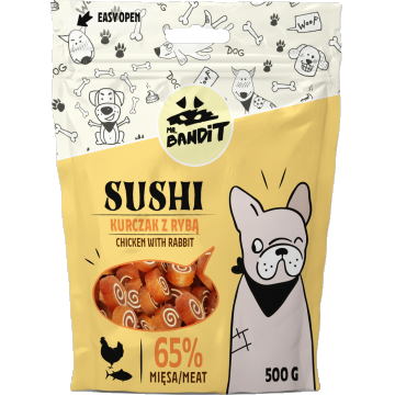 Recompense pentru caini Mr. Bandit SUSHI, pui si peste, 80g