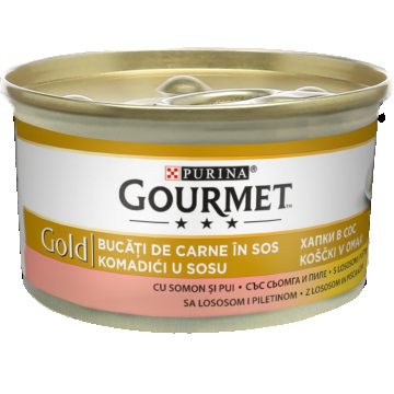 Hrana umeda pentru pisici Purina Gourmet Gold, Pui si somon in sos, 12 x 85g